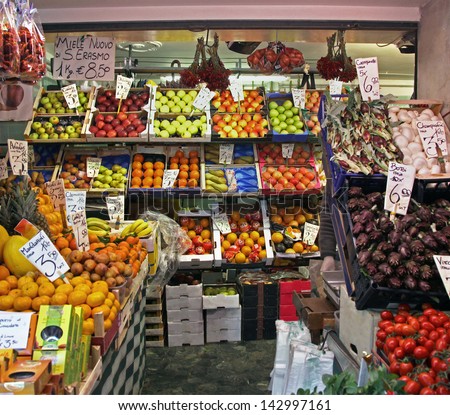 Fresh vegetables and fruits store on green market