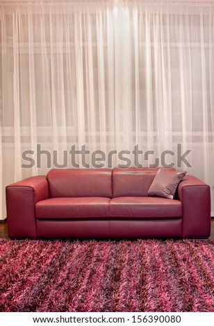 Modern interior with leather burgundy sofa and carpet