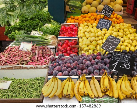 Fesh organic fruits and vegetables on market stall