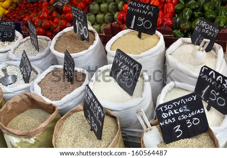 Sacks of organic grain products sold on market