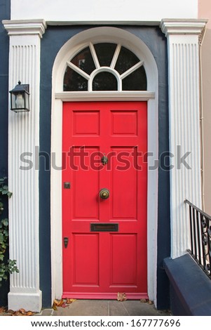 Retro closed pink door exterior on residential house