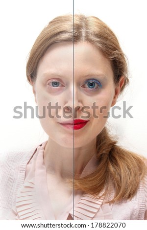 Young woman with half of her face covered with makeup and the other half without
