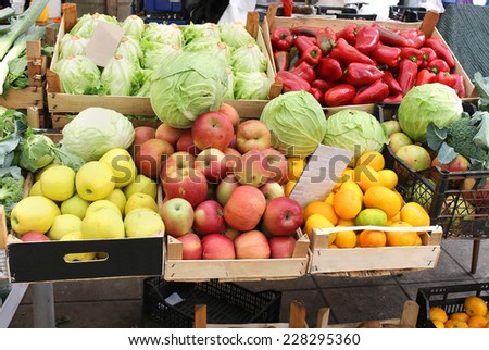 Market crates full with fresh organic fruits and vegetables