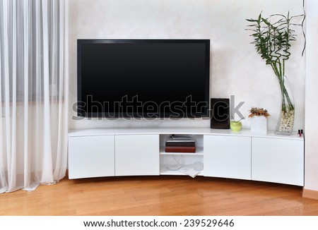 Large flat screen TV in modern interior living room