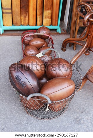 Old vintage brown leather sport balls pile