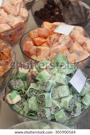 Traditional Turkish delight sweets sold on market