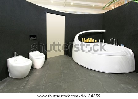 Modern bathroom with big bathtub and oval wall