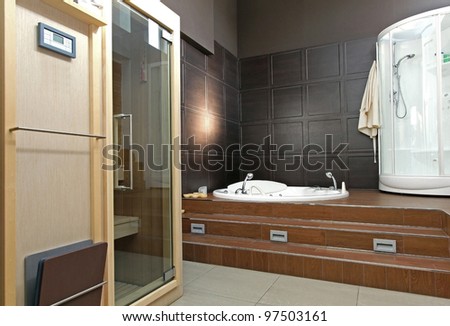 Modern bathroom interior with sauna and hydro massage bathtub