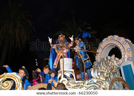 MALAGA, SPAIN - JANUARY 6: Magic Kings Parade (Los Reyes Magos) on January 6, 2010 in Malaga, Spain. Los Reyes Magos is the Spanish equivalent to Christmas, the gifts being offered by the three wise men.