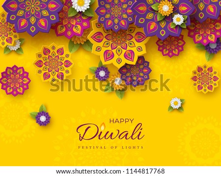Diwali festival holiday design with paper cut style of Indian Rangoli and flowers. Purple, violet colors on yellow background. Vector illustration.