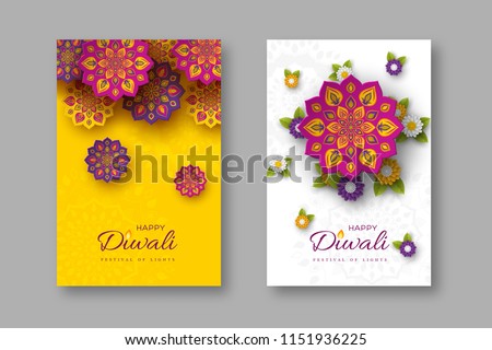 Diwali festival holiday posters with paper cut style of Indian Rangoli and flowers. Purple, violet colors on white and yellow background. Vector illustration.