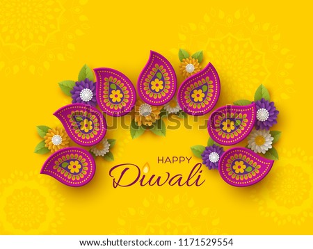 Diwali festival holiday design with paper cut style of Indian Rangoli and flowers. Purple color on yellow background. Vector illustration.