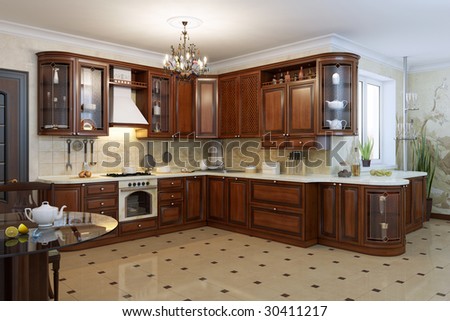 Classic Kitchen. Interior Design. Wooden kitchen. CG