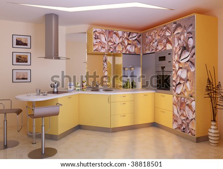 Modern kitchen. Interior design idea.Computer graphic rendering.Orange Kitchen