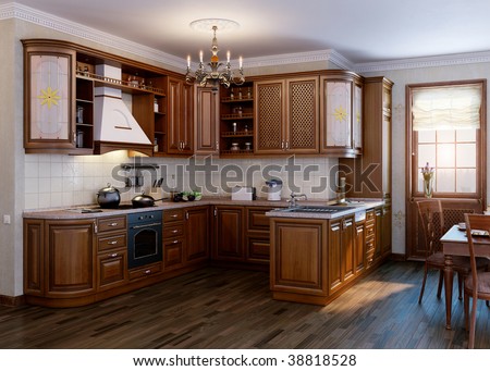 Classic kitchen. Interior design idea.Computer graphic rendering. Cherry wood texture