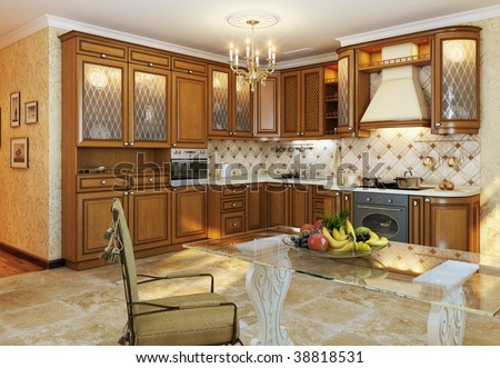 Classic Kitchen.Cherry wood texture. Interior Design.