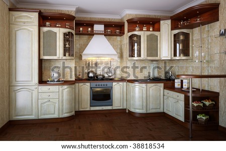 Classic Kitchen.White wood texture. Interior Design.