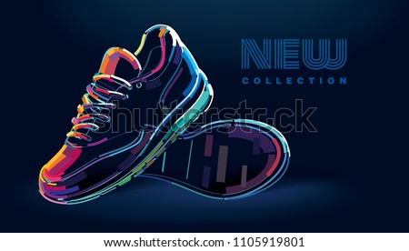 Pair of new sport running shoes. Banner in a digital painting