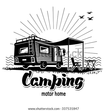 Camping. Recreation with family. Illustration in the engraving style