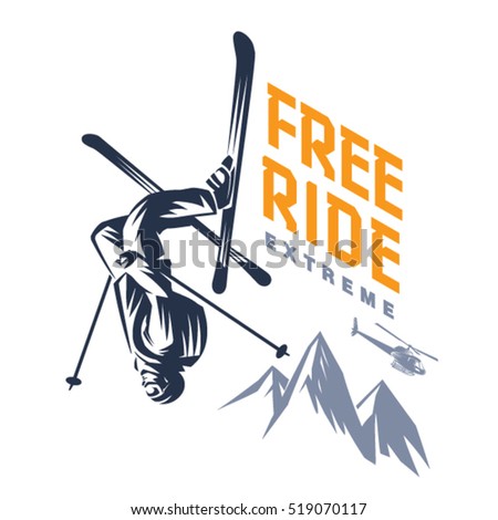 Free ride. Stunt headfirst of skier. Sport emblem