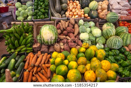 Vegetable market. Fresh juicy vegetables and fruits in the village market of Cape Verde