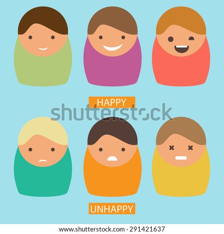 Abstract cartoon icons. Vector set of characters with happy and unhappy emotions. Flat picture.