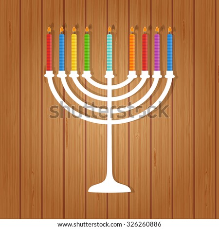 Vector illustration of hanukkah, jewish holiday. Hanukkah menora with  candles on wooden background