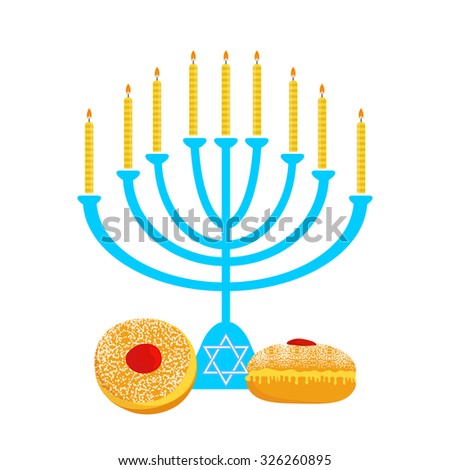 Vector illustration of hanukkah, jewish holiday. Hanukkah menora with  candles and traditional donuts -  Sufganiyah