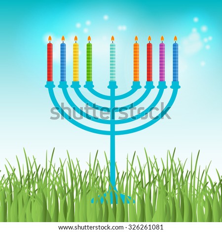 Vector illustration of hanukkah, jewish holiday. Hanukkah menora with  candles on blue sky and green grass background