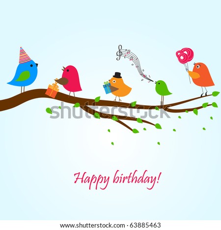 Birthday Card With Cute Birds With Flowers And Gifts St