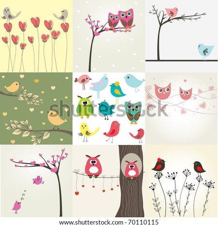 Set of 9 valentines cards with cute birds Set of 9 valentines cards with cute birds
