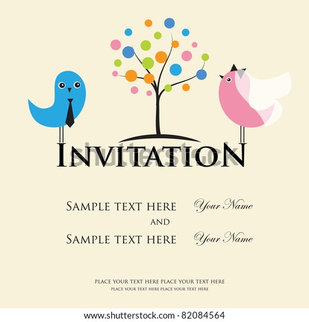 stock vector Wedding invitation with two cute birds in bride and groom 