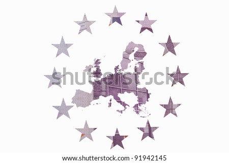 Map of Europe with the twelve stars of the flag of the European Community  made with a 500 euros note. Concept of Europa, Euros and economy.