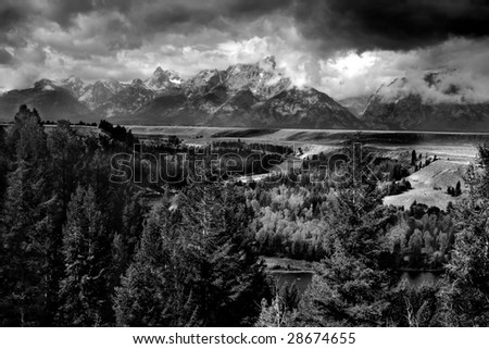 Black and White image of the Teton Mountains from Snake River Overlook