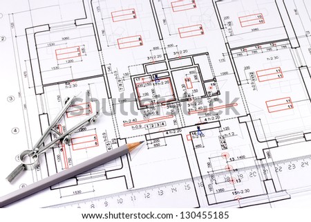 Architectural drawing, pencil and drawing compass