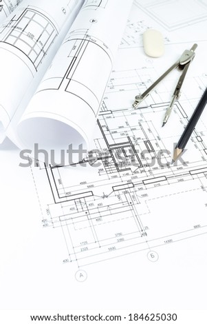 Architecture blueprint and work tools - pencil and drawing compass