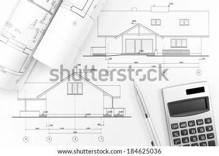 Set of architectural construction documents and floor plans of a residential house