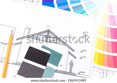 Architectural drawings of the modern house and color samples catalog