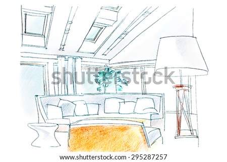 hand drawing interior perspective of modern living room