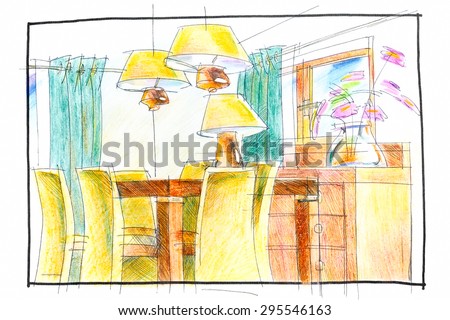 freehand sketch architectural drawing of living room with furniture