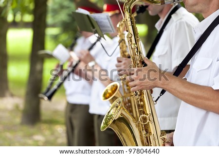 Saxophone players in a military band