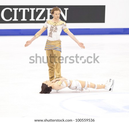 NICE - MARCH 29: Nathalie Pechalat and Fabian Bourzat of France perform their free dance at the ISU World Figure Skating Championships on March 29, 2012 in Nice, France
