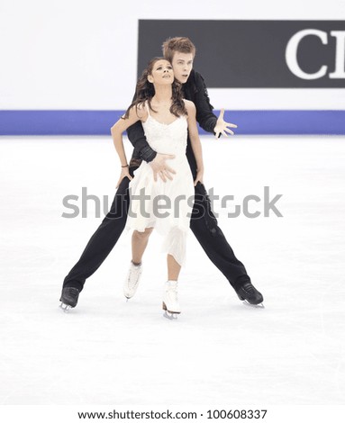 NICE - MARCH 29: Elena Ilinykh and Nikita Katsalapov of Russia perform their free dance at the ISU World Figure Skating Championships on March 29, 2012 in Nice, France