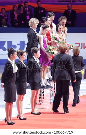 NICE - MARCH 29: Medalists in ice dance competition on the podium during the victory ceremony at the ISU World Figure Skating Championships on March 29, 2012 in Nice, France