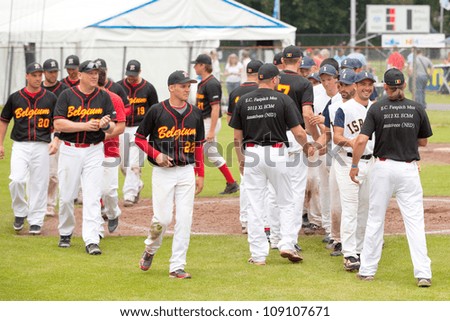 AMSTELVEEN - JULY 28: Teams of Israel and Belgium shake hands after the game at the softball European championship, held on July 28, 2012 in Amstelveen,The Netherlands