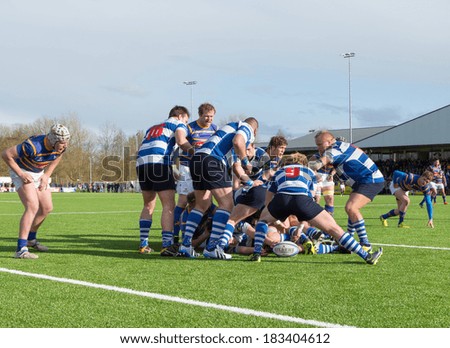 AMSTERDAM - MAR 22: Ball on the ground after a maul formation during The Hague (blue-orange) vs Hilversum rugby match on March 22, 2014, in Amsterdam, The Netherlands