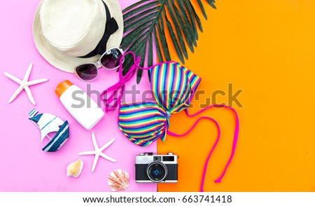 Summer Fashion woman swimsuit Bikini. Tropical sea. top view. Colorful background.  Vacation concept.