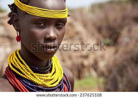 SOUTH OMO - ETHIOPIA - NOVEMBER 23, 2011: Portrait of the unidentified girl from the African tribe Dasanech, in November 23, 2011 in Omo Rift Valley, Ethiopia.