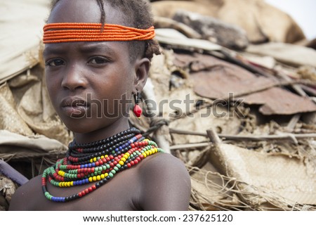 SOUTH OMO - ETHIOPIA - NOVEMBER 23, 2011: Portrait of the unidentified boy from the African tribe Dasanech, in November 23, 2011 in Omo Rift Valley, Ethiopia.