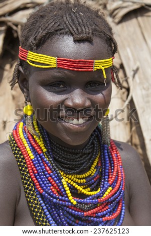 SOUTH OMO - ETHIOPIA - NOVEMBER 23, 2011: Portrait of the unidentified girl from the African tribe Dasanech, in November 23, 2011 in Omo Rift Valley, Ethiopia.